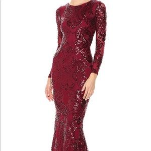 Betsy & Adam Burgundy Sequin Gown